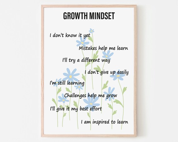 Growth Mindset Blue Floral Positive Thinking Classroom Poster