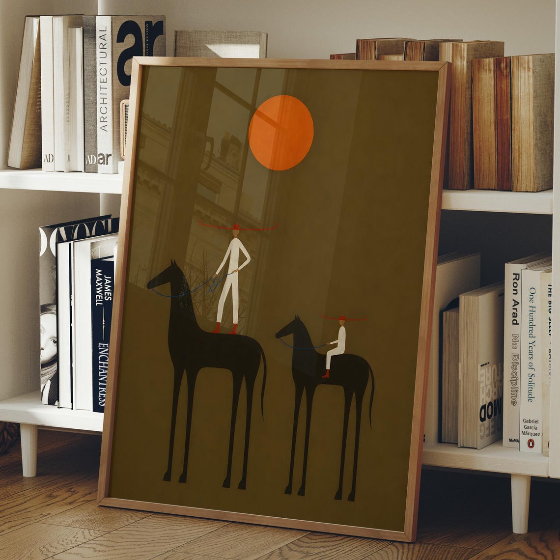 Abstract Twin Riders On Black Horses Orange Sun Minimalist Poster