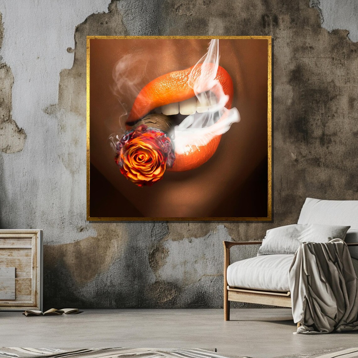 Bold Lips With Smoking Rose, Modern Surreal Art - Image 5