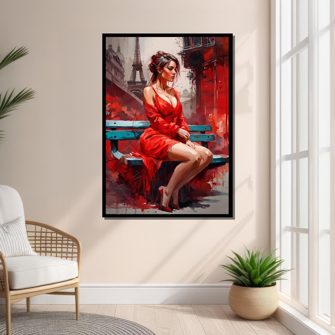 Romantic Woman In Red Dress, Parisian Art - Image 4