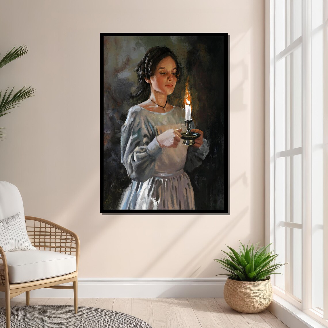 Young Woman Holding Candle, Realistic Impressionist Art - Image 4