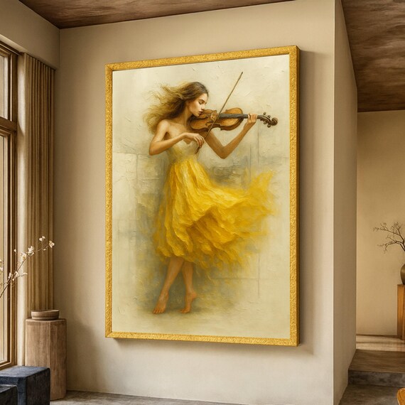 Elegant Woman Playing Violin Canvas Yellow Dress Wall Art Musical Instrument Painting Fine Home Decor Ready To Hang