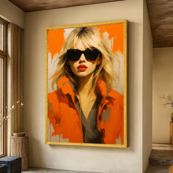 Modern Fashion Portrait Canvas Blonde Woman With Sunglasses Bold Orange Abstract Background Stylish Wall Art Contemporary Home