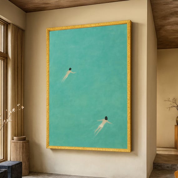 Minimalist Swimming Scene Canvas Abstract Water Art Modern Pool Wall Decor Relaxing Blue Green Contemporary Home Decoration