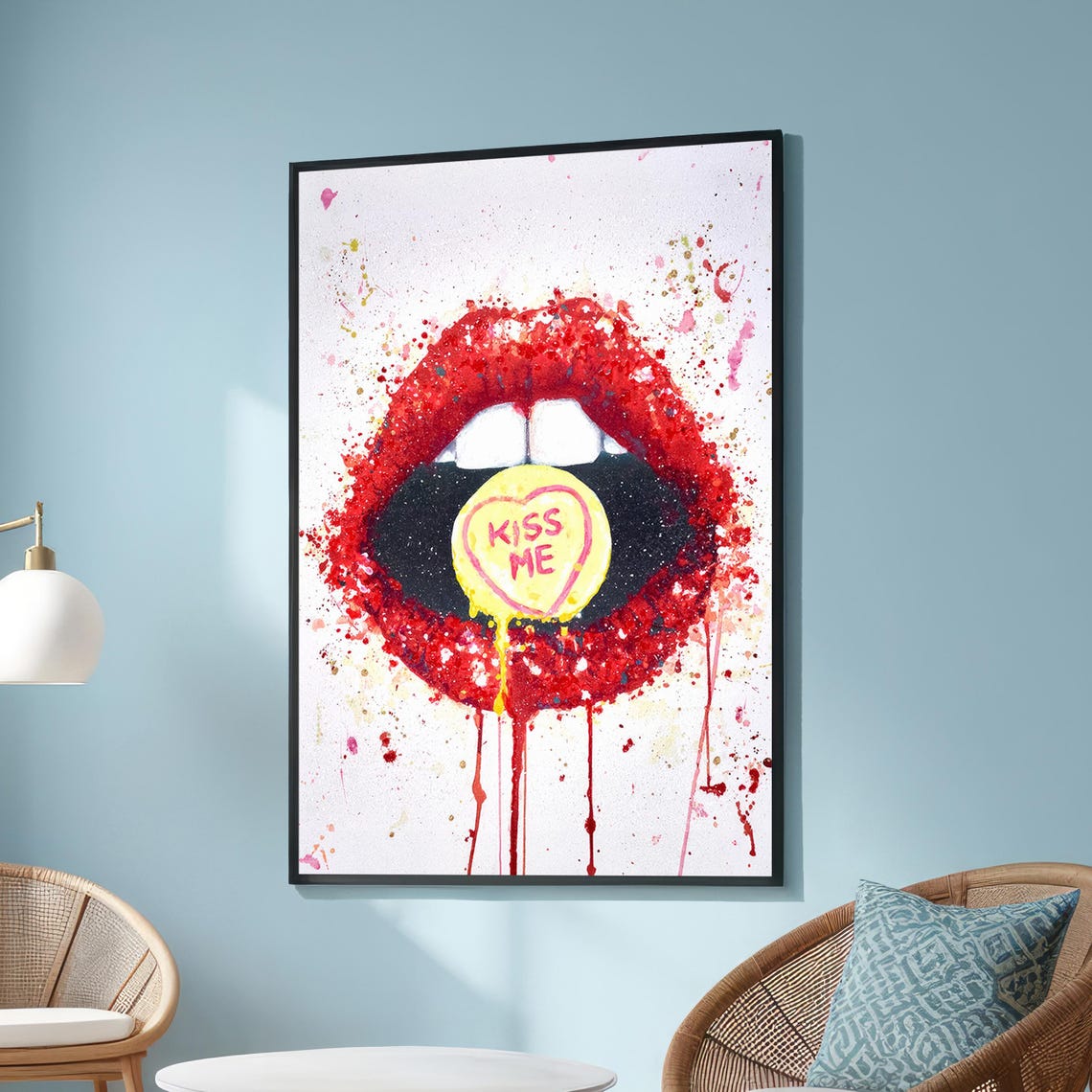 Red Lips Pop Art Kiss Me Candy Heart Splatter Romance Wall Art