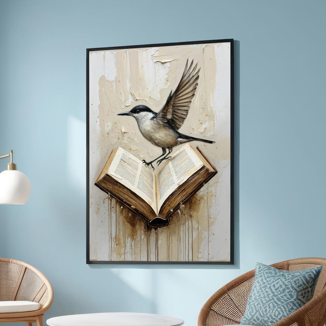 Bird on Open Book Surrealist Neutral Canvas Literary Library Wall Art