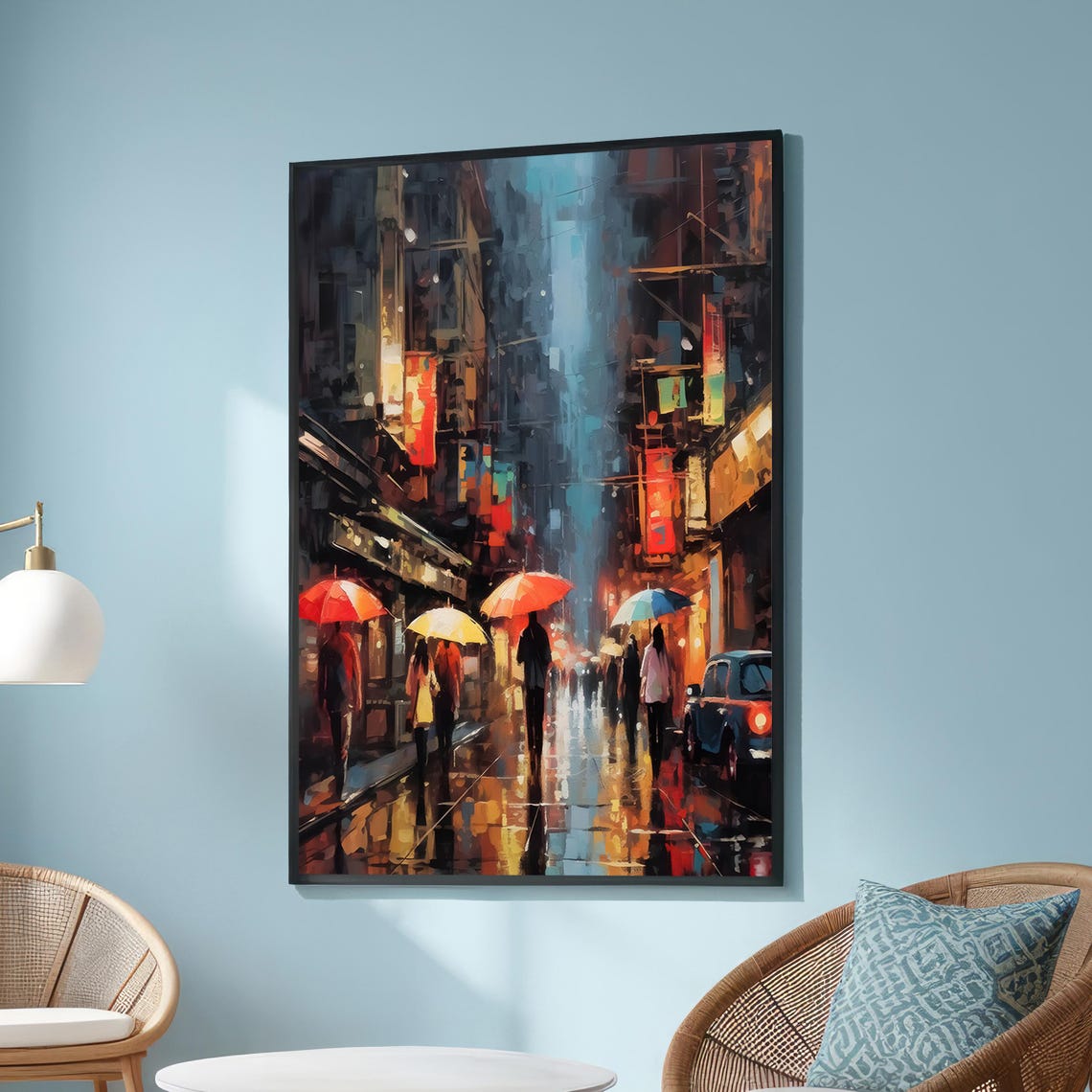 Rainy City Night Street Umbrellas Impressionist Painting Poster