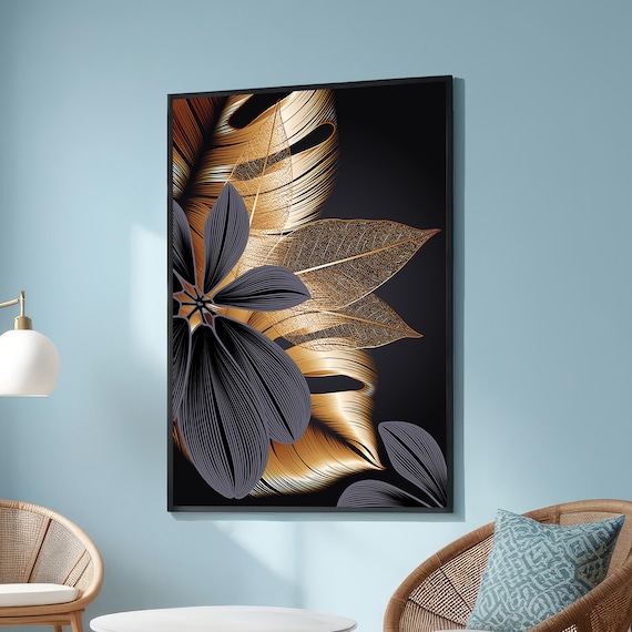 Metallic Gold Leaf Botanical Black Floral Modern Wall Art Decor