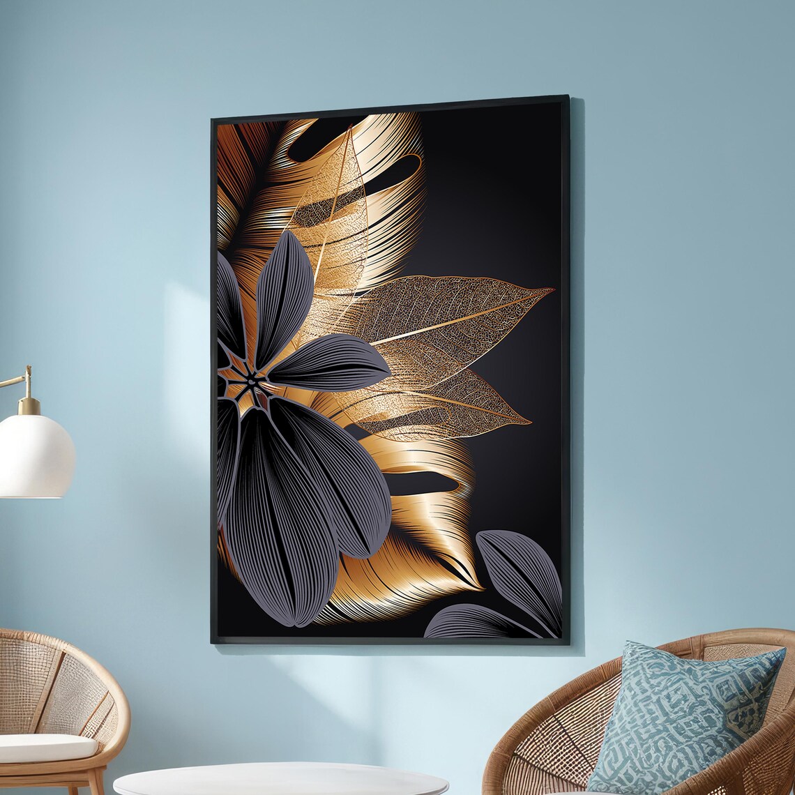 Metallic Gold Leaf Canvas Print Modern Botanical Wall Art Abstract Black And Decor Elegant Minimalist Home