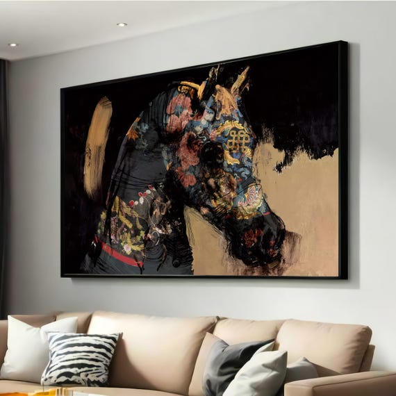 Ornate Abstract Horse Canvas Print Bold Expressionist Equine Art Intricate Floral Patterns And Gold Accents For Modern Wall Decor