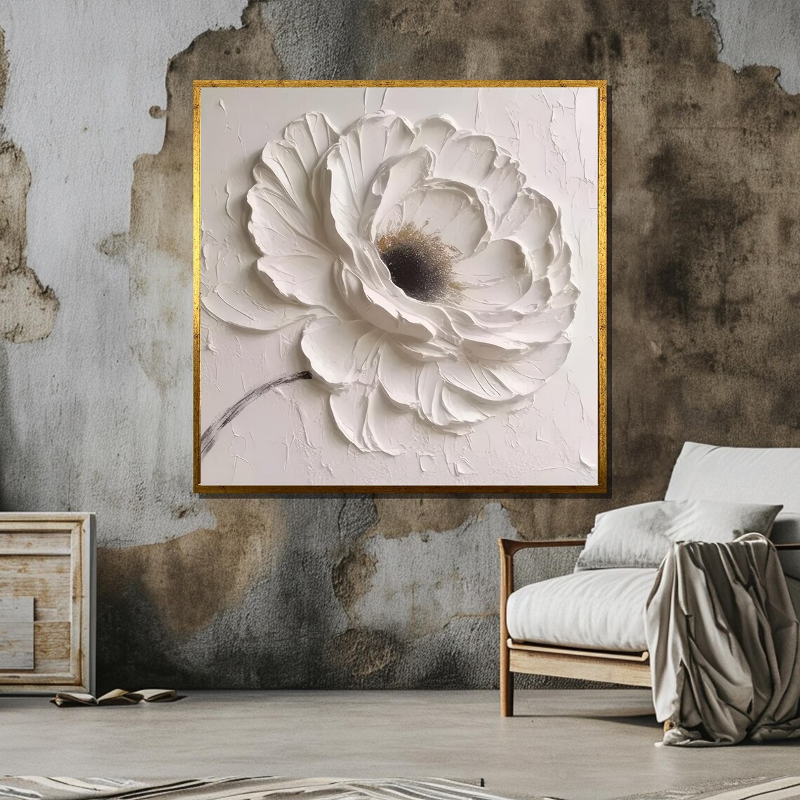 White Flower Art, Minimalist Floral Painting - Image 5