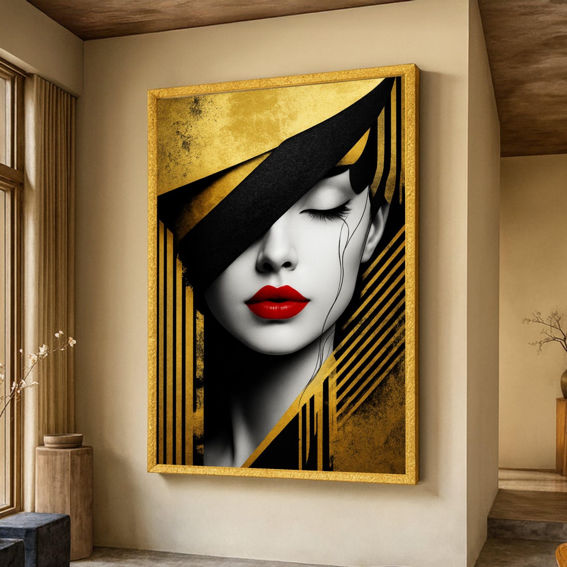 Art Deco Black Gold Woman Red Lips Geometric Glamour Art Poster
