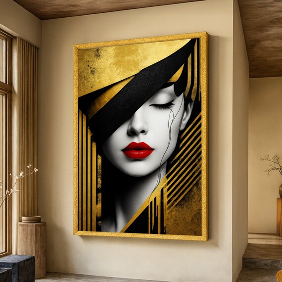 Art Deco Black Gold Woman Red Lips Geometric Glamour Art Poster