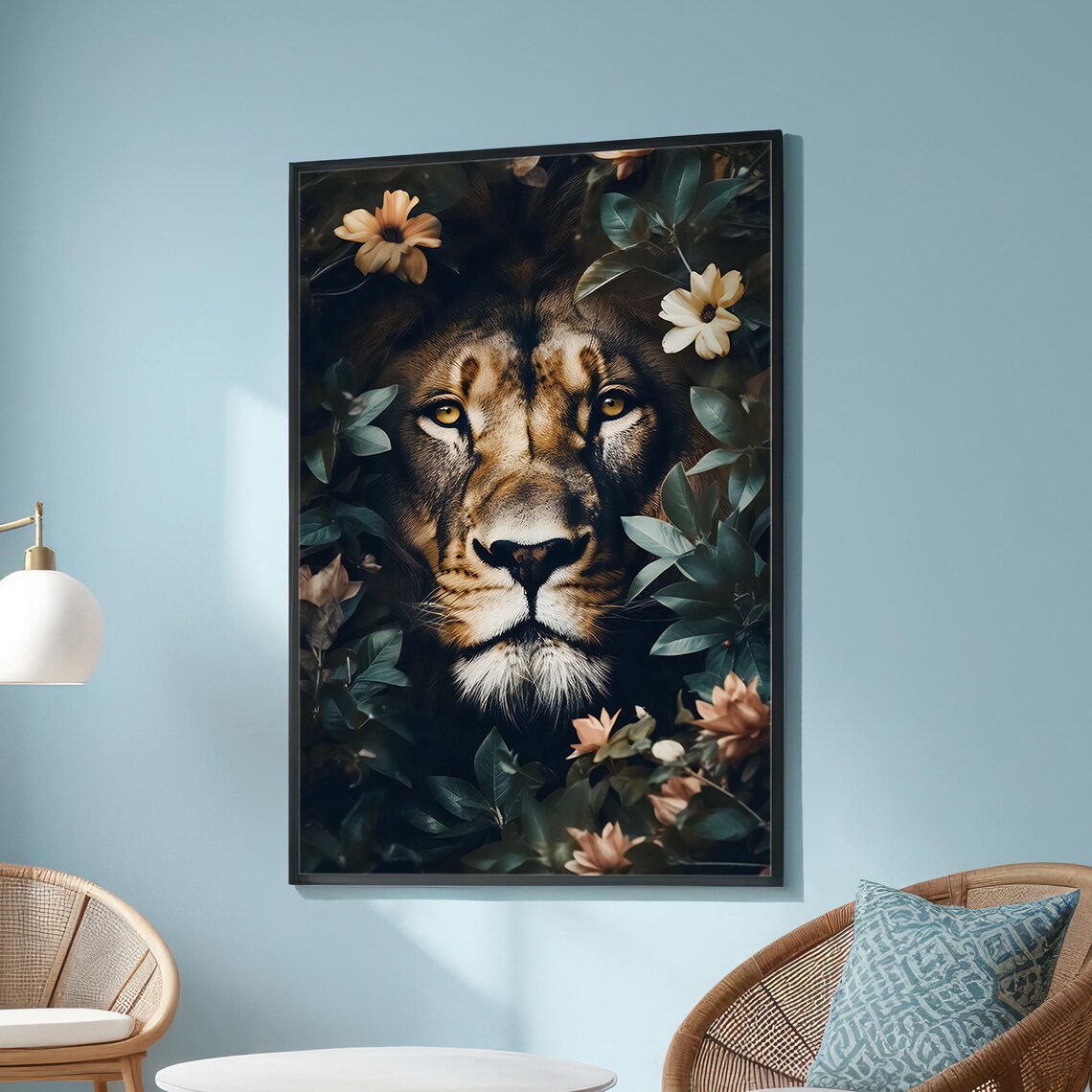 Majestic Lion Face With Floral Foliage, Nature Inspired Art