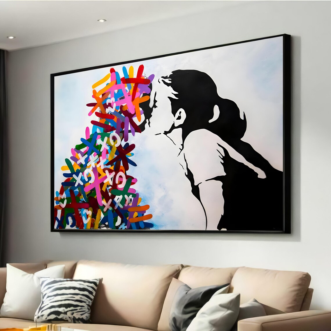 Modern Kiss Silhouette, Graffiti Style Art Print