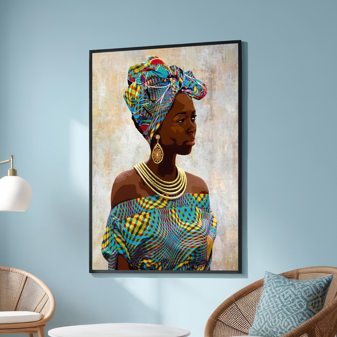 African Woman in Bold Headwrap, Cultural Art Print