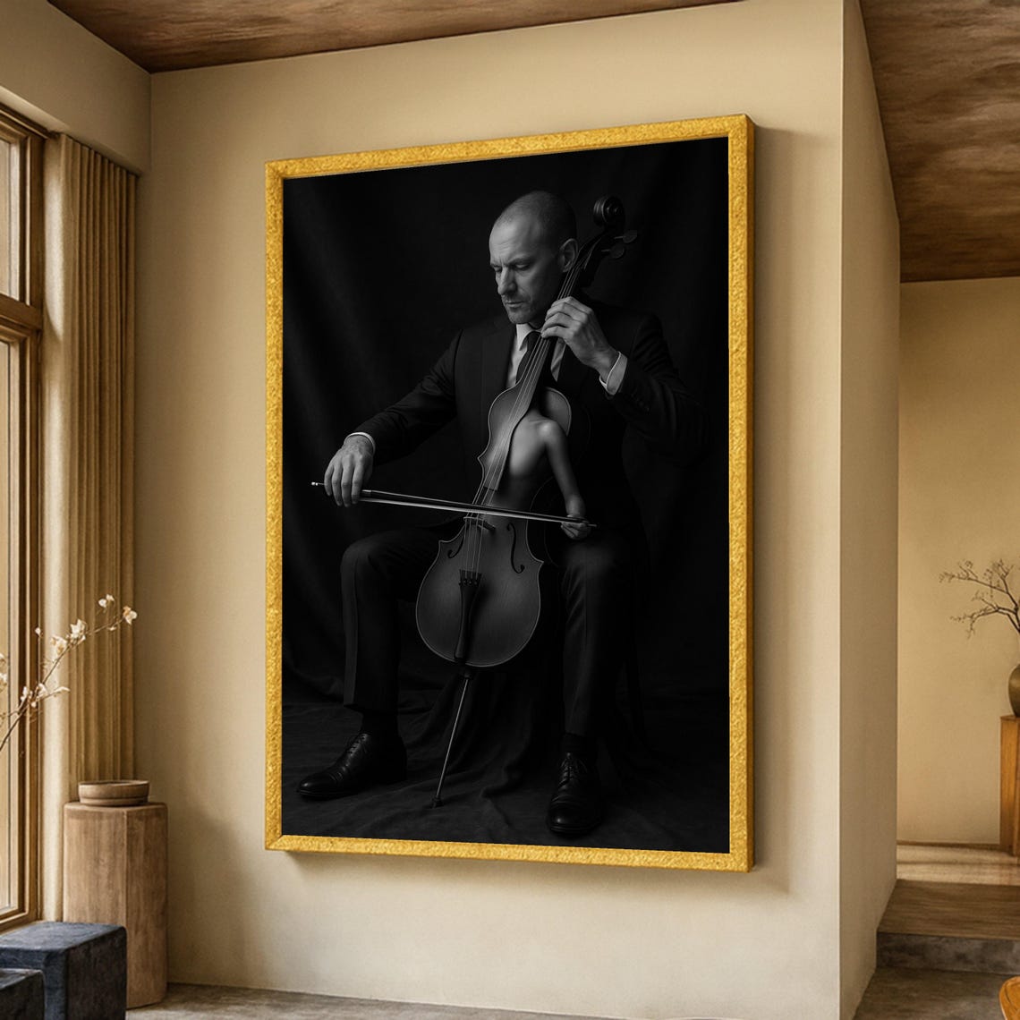 Surreal Black and White Cello Player Dramatic Music Art Poster