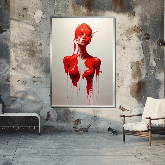 Bold Red Paint Drip Abstract Female Figure Modern Surreal Wall Art