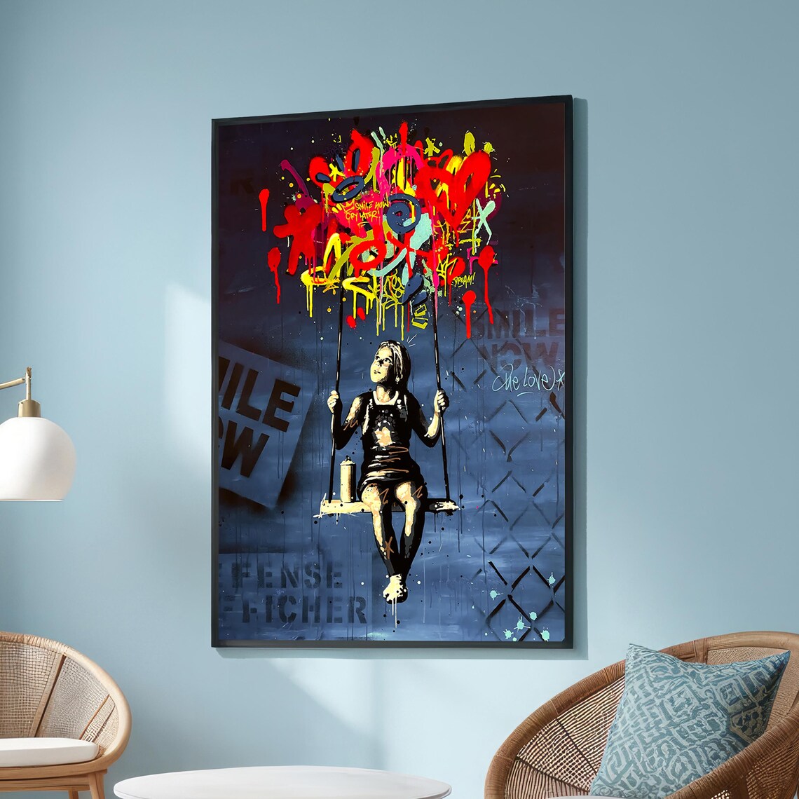Street Art Girl on Swing with Colorful Graffiti Balloons Urban Poster