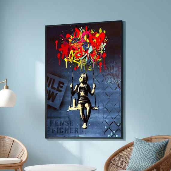 Graffiti Girl On Swing Bold Urban Street Art With Vibrant Colors Modern Stencil Style And Youthful Rebellion Wall Decor