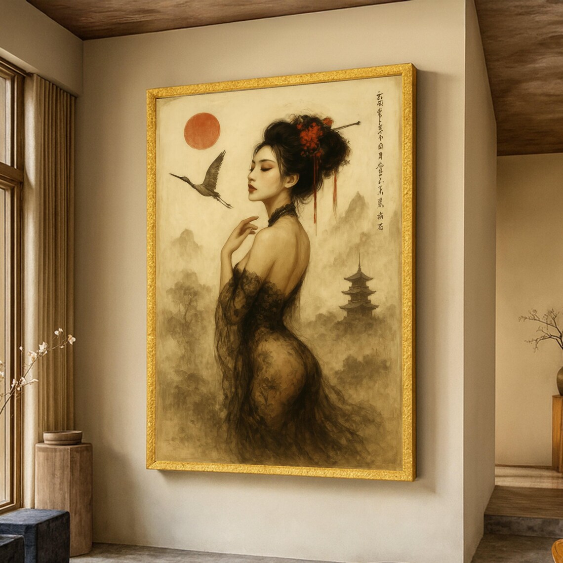 Elegant Asian Woman Art Print Traditional Geisha Red Sun Painting