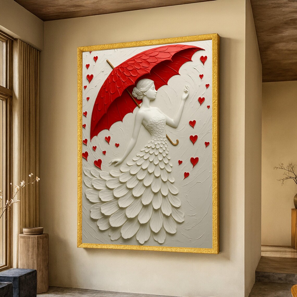 Elegant Woman Red Umbrella 3D Relief Sculptural Hearts Wall Art