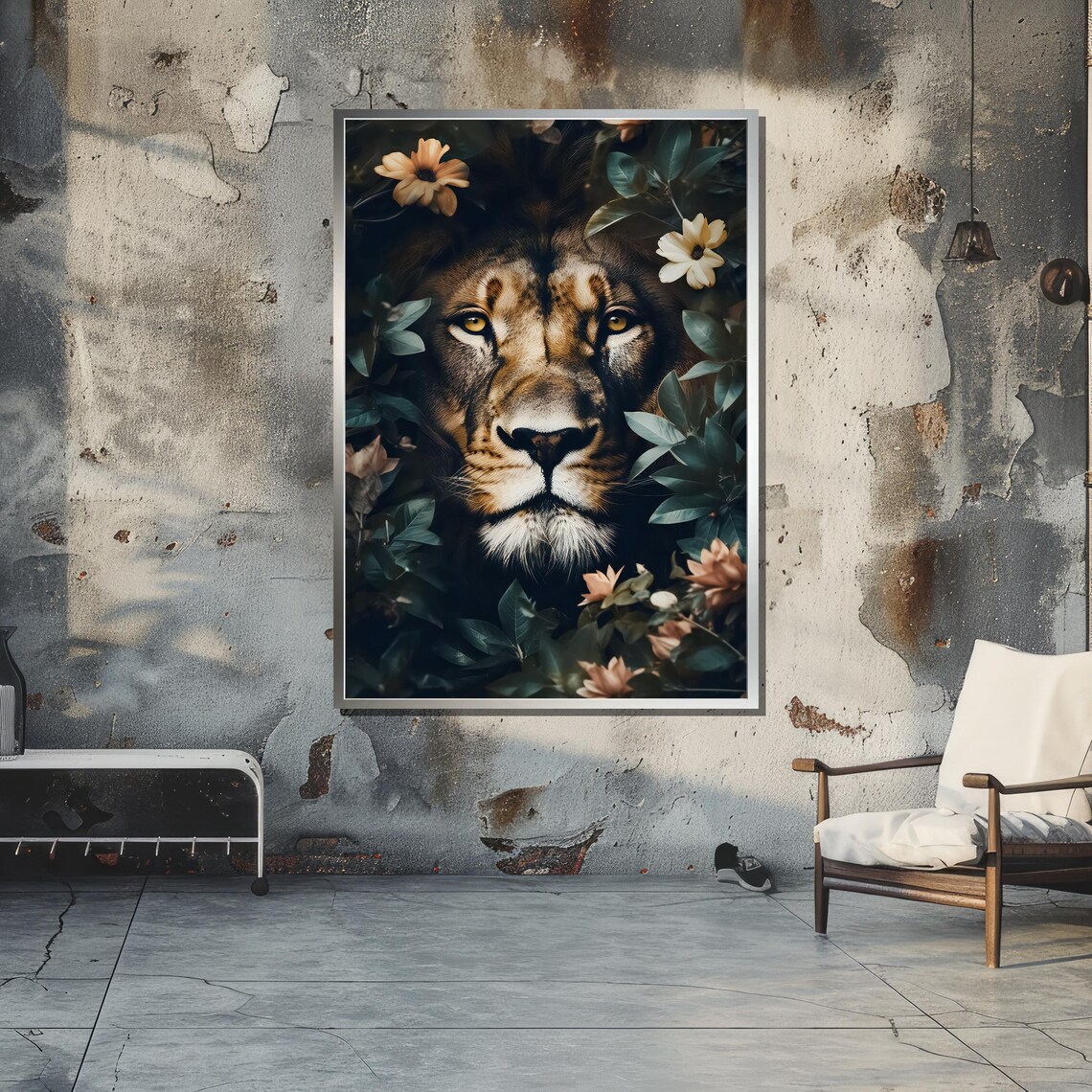 Majestic Lion Face With Floral Foliage, Nature Inspired Art - Image 4