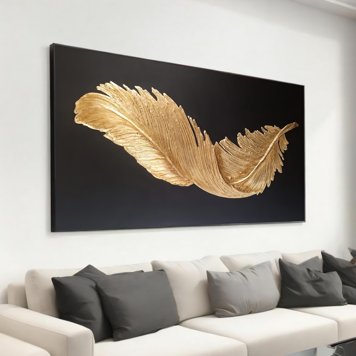 Golden Feather Art Print, Elegant Metallic Black