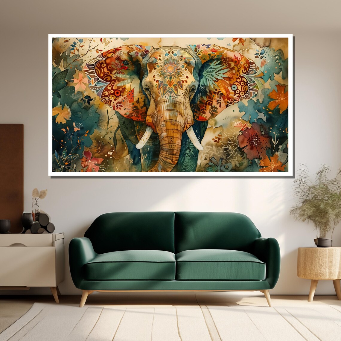 Watercolor Elephant With Floral Patterns, Wildlife Art - Image 3