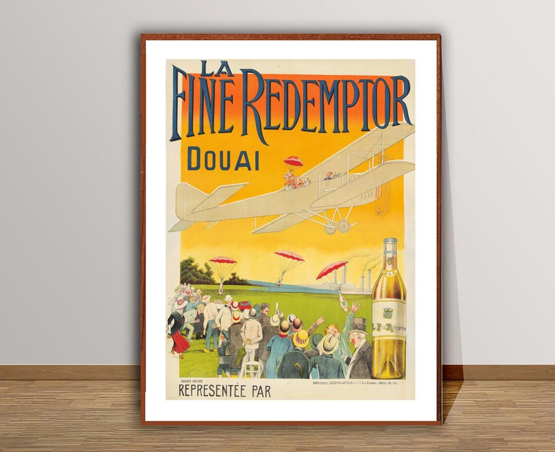 La Fine Redemptor Douai Biplane Parachutes Vintage French Wine Poster