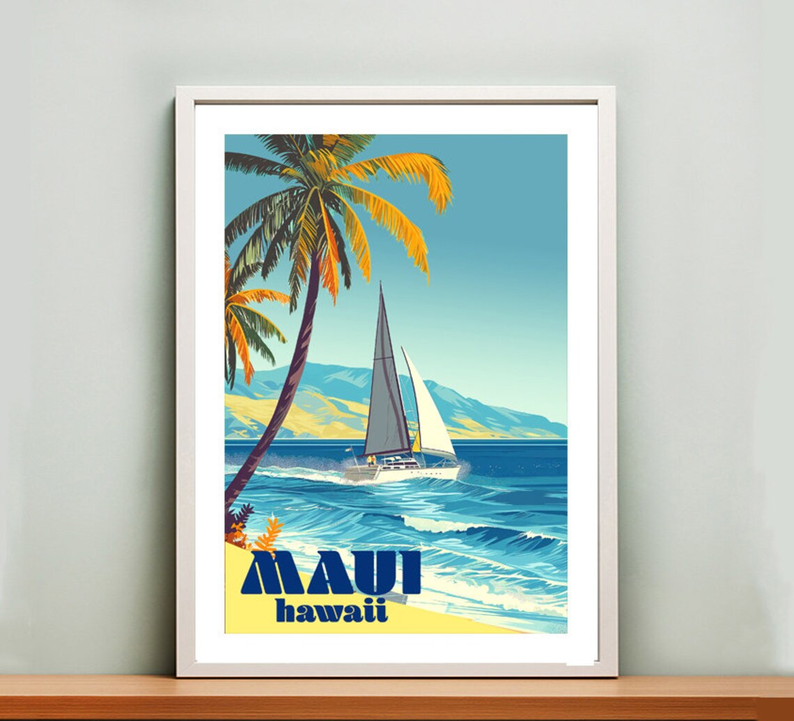 Maui Hawaii Vintage Tropical Sailboat Palm Beach Travel Poster - Image 2