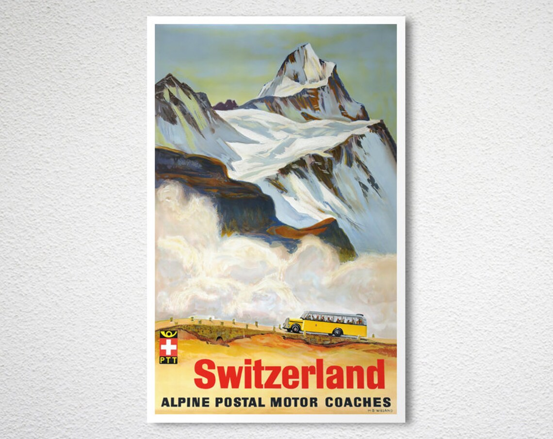 Switzerland Alpine Postal Motor Coaches PTT Vintage Travel Poster - Image 2