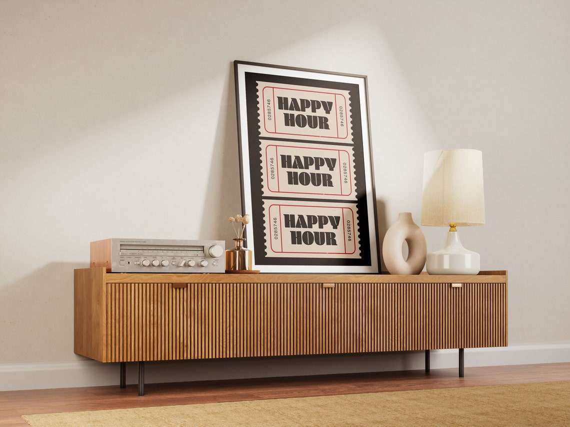 Happy Hour Ticket Retro Black Cream Bar Cart Wall Decor Poster - Image 2
