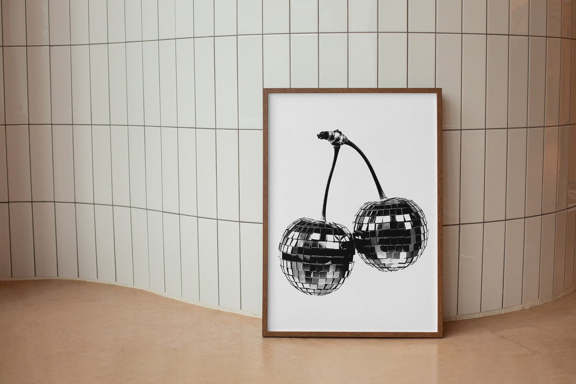 Cherry Disco Ball Black and White Trendy Party Wall Decor Poster - Image 2