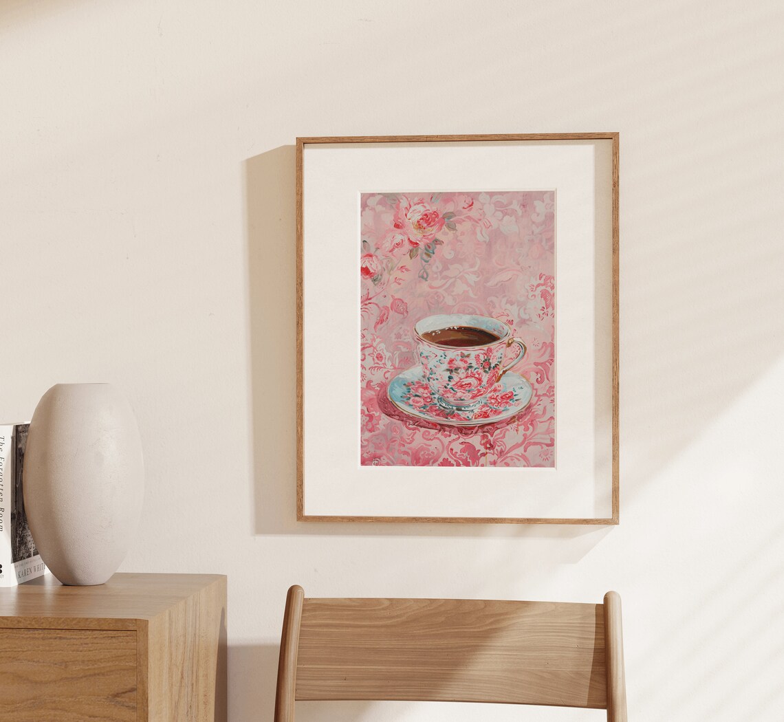 Pink Chinoiserie Teacup Floral Still Life Painting Art Print - Image 4