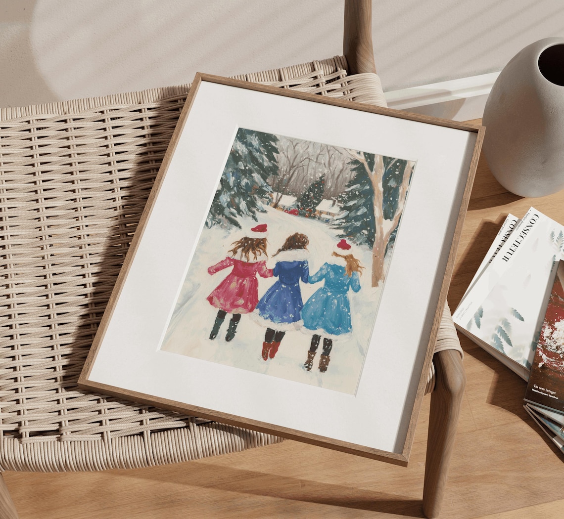 Three Girls in Christmas Village Art Print - Image 3