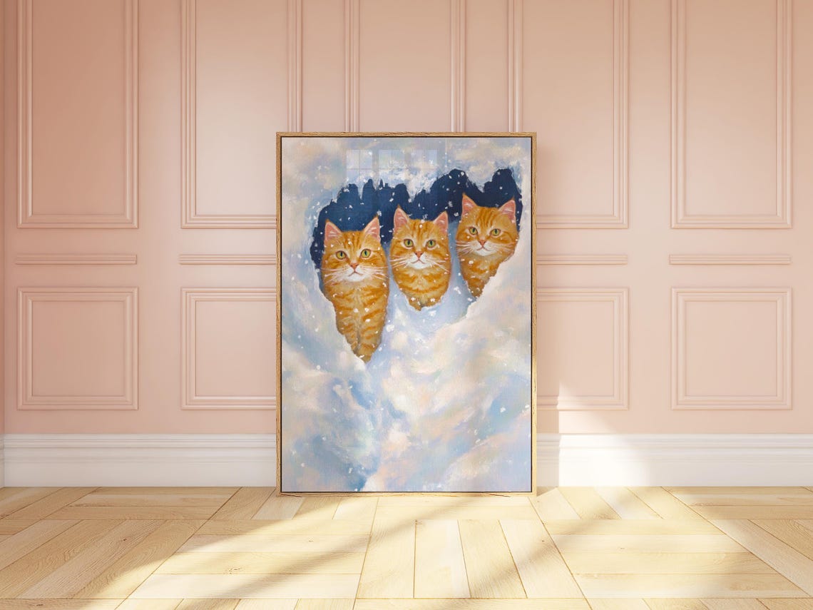 Three Ginger Tabby Cats Peeking Out of a Snowbank Winter Poster