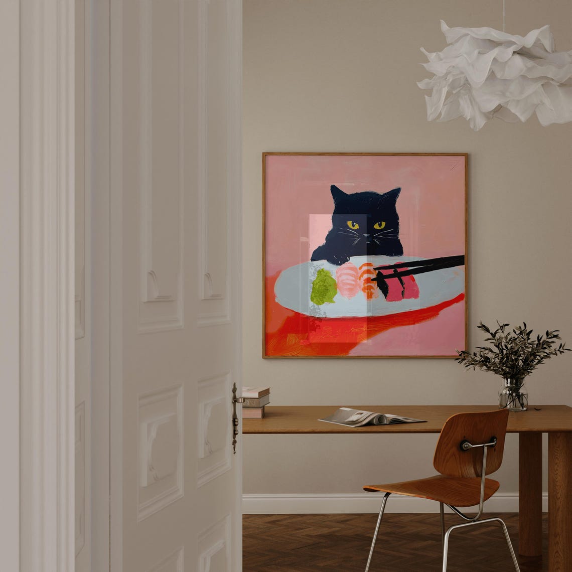 Black Cat Eating Sushi Dinner Pink Background Cute Cat Poster