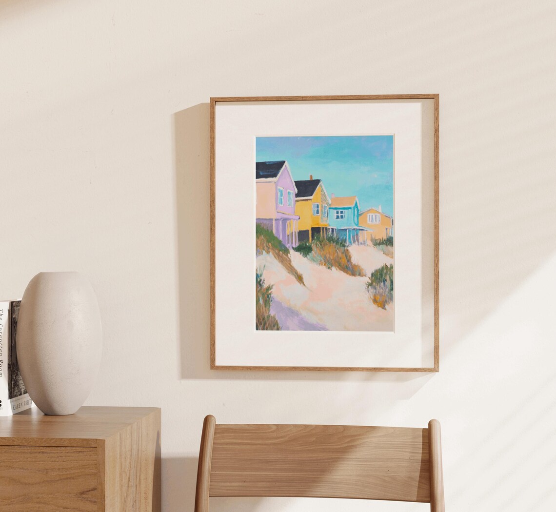 Colorful Beach Houses Blue Sky Coastal Village Watercolor Poster - Image 3