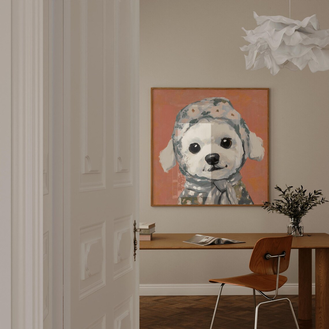 White Puppy In Floral Babushka Painting Cute Dog Nursery Poster