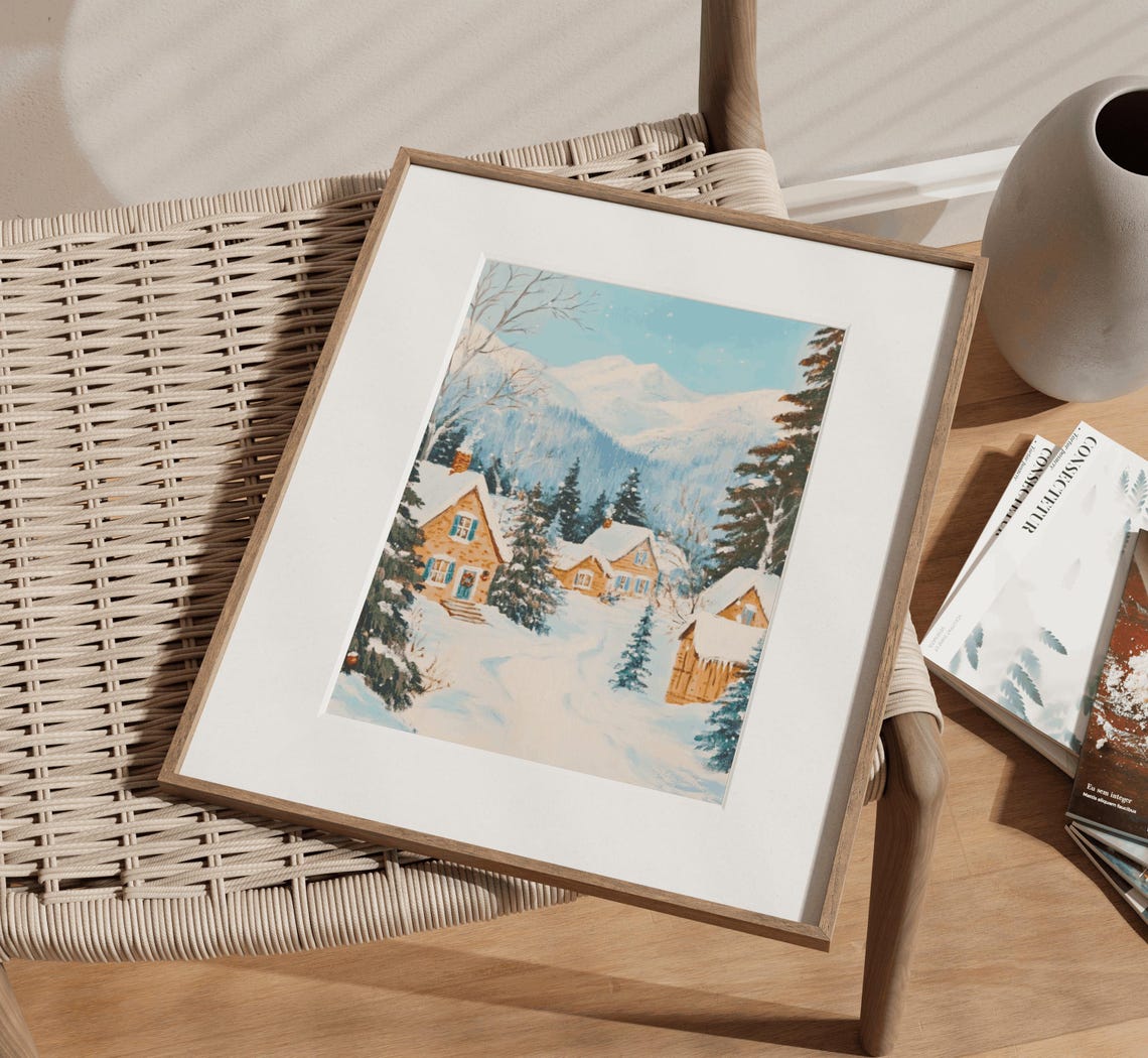 Snowy Christmas Village Cabins Mountain Winter Wonderland Poster - Image 3