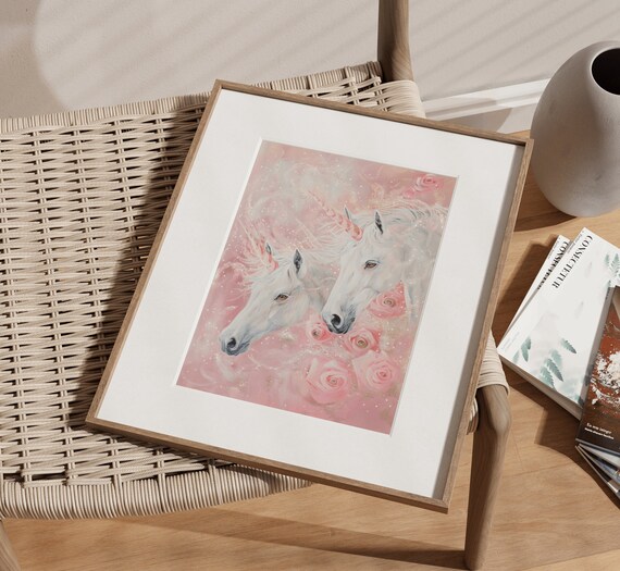 Two Sparkling White Unicorns with Pink Roses Fantasy Art Print