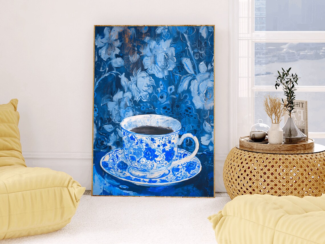 Blue Chinoiserie Teacup Floral Still Life Painting Art Print - Image 2
