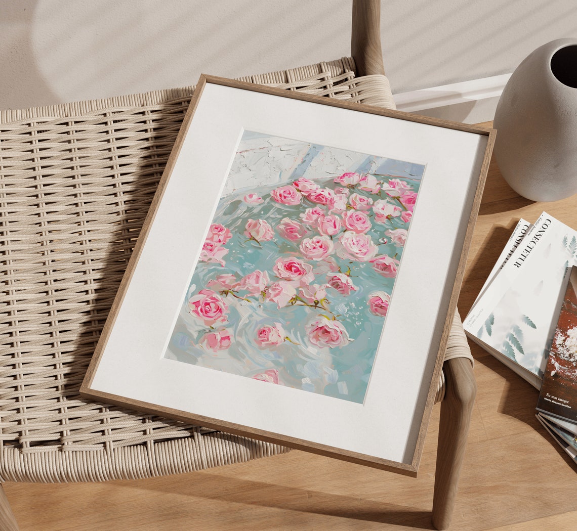 Pink Roses Floating On Teal Water Floral Impressionist Painting Poster