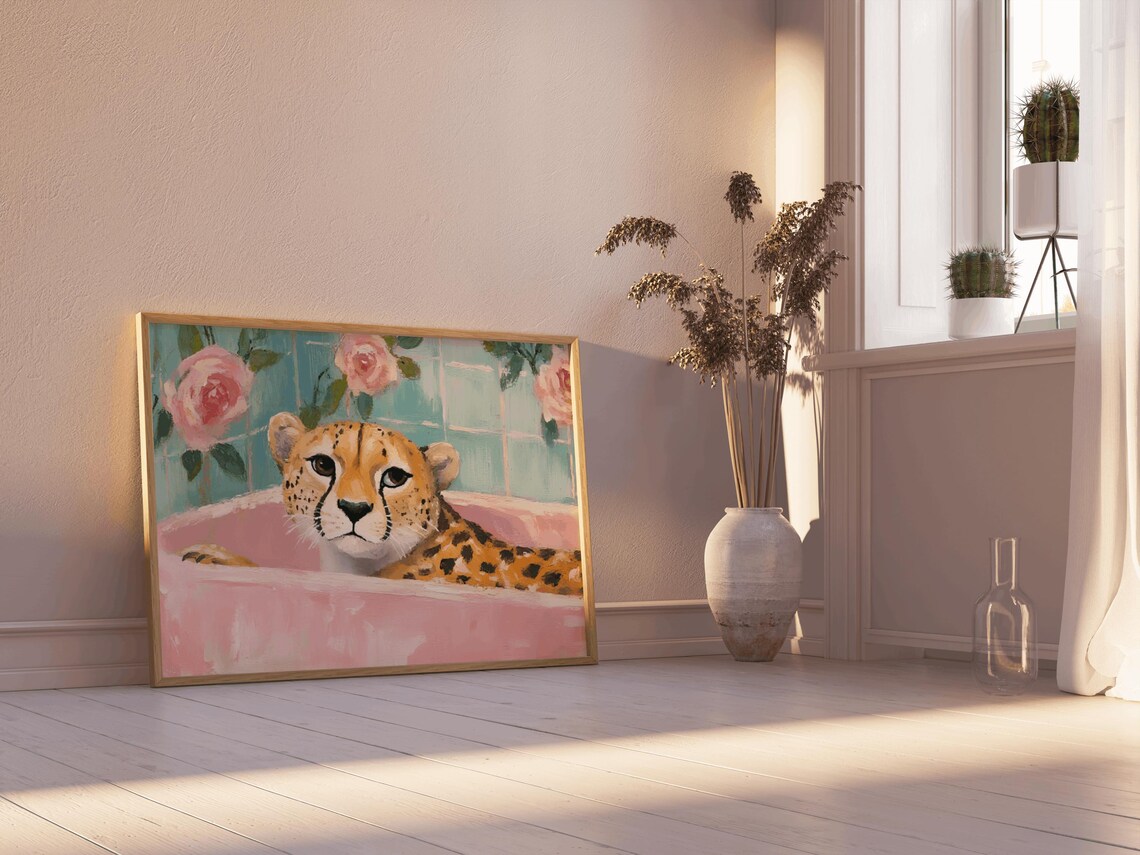 Cheetah In Bathtub Bathroom Print, Tropical Jungle Humor - Image 3