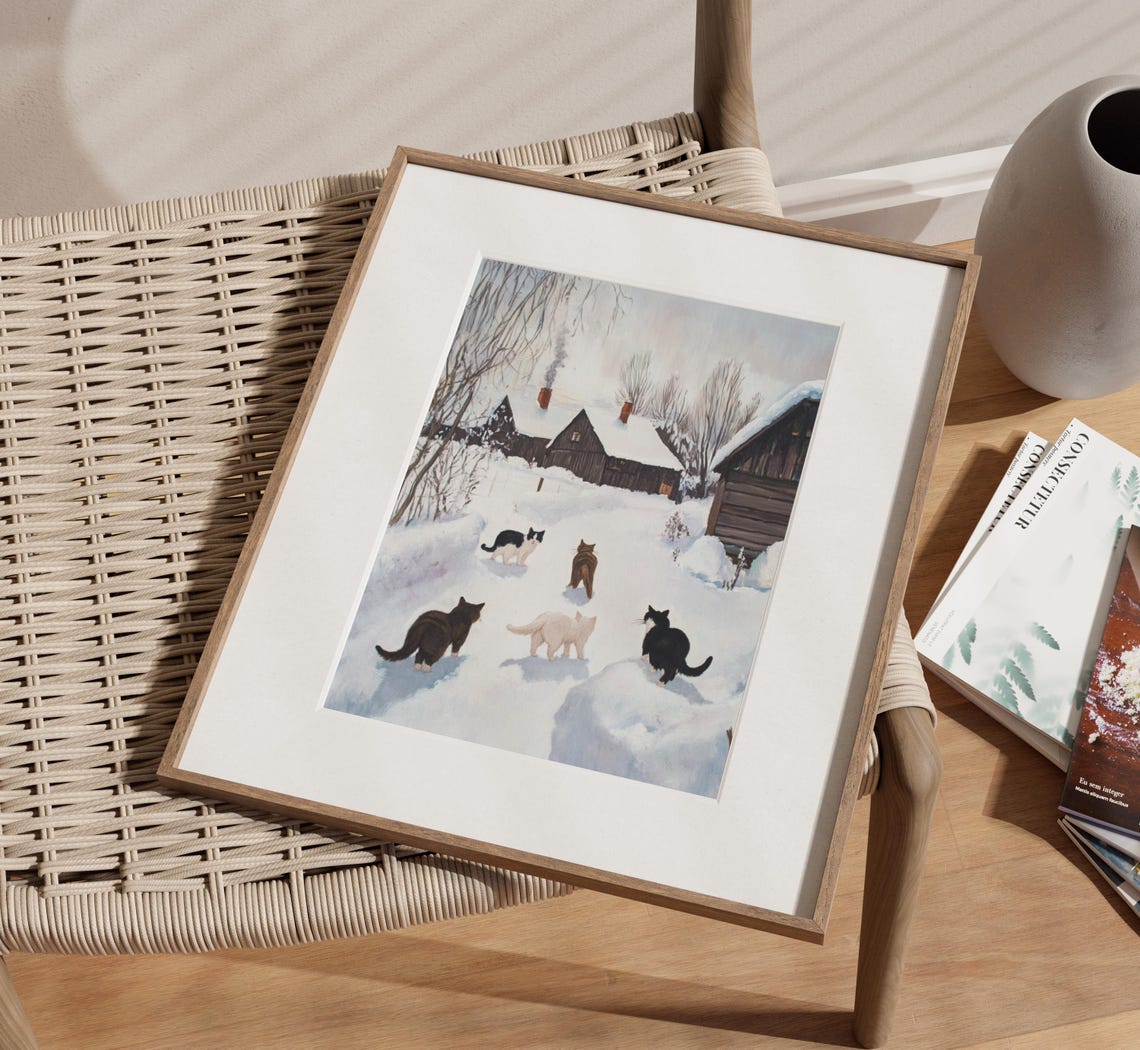 Five Cats Walking Through Snowy Village Toward Cabins Poster - Image 2