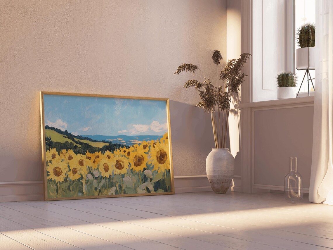 Sunflower Field Painting Blue Sky Countryside Summer Art Poster - Image 3