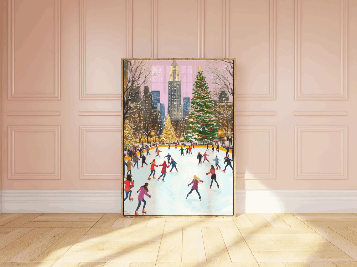 New York Christmas Ice Skating Rink Tree City Skyline Poster