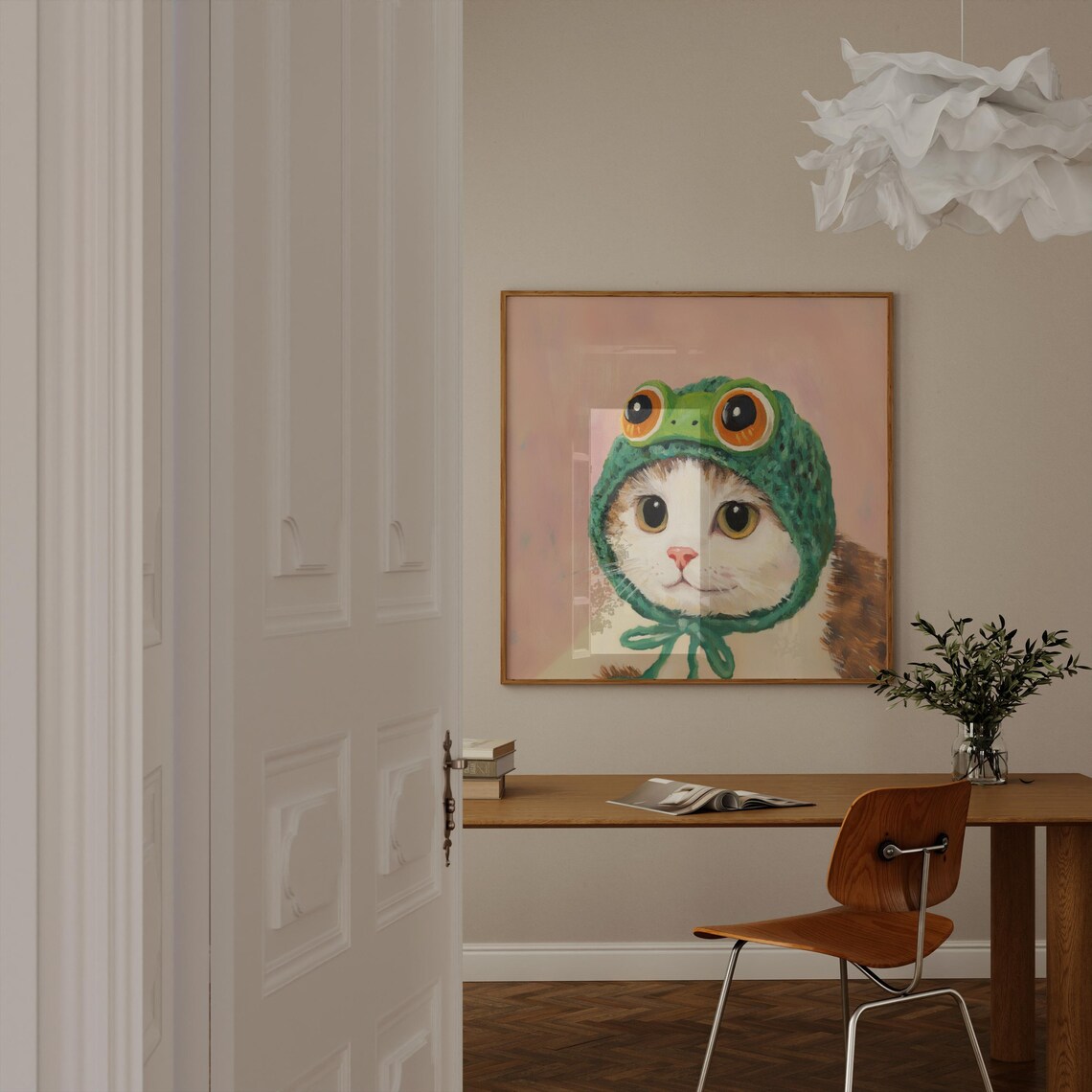 Calico Cat Frog Beanie, Cottagecore Farmhouse Art Print - Image 2