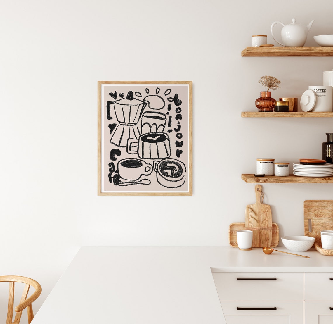 Bonjour Cafe Charcoal Sketch Moka Pot Coffee Cups Kitchen Art Print - Image 2